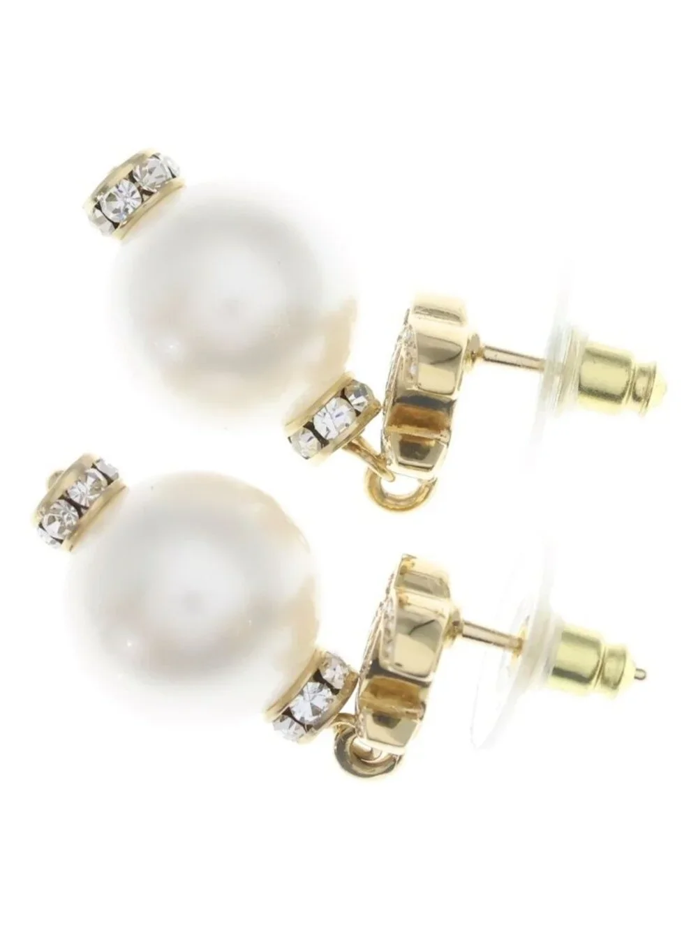 Chanel CC Logo Rhinestone Faux Pearl Earrings White Gold White